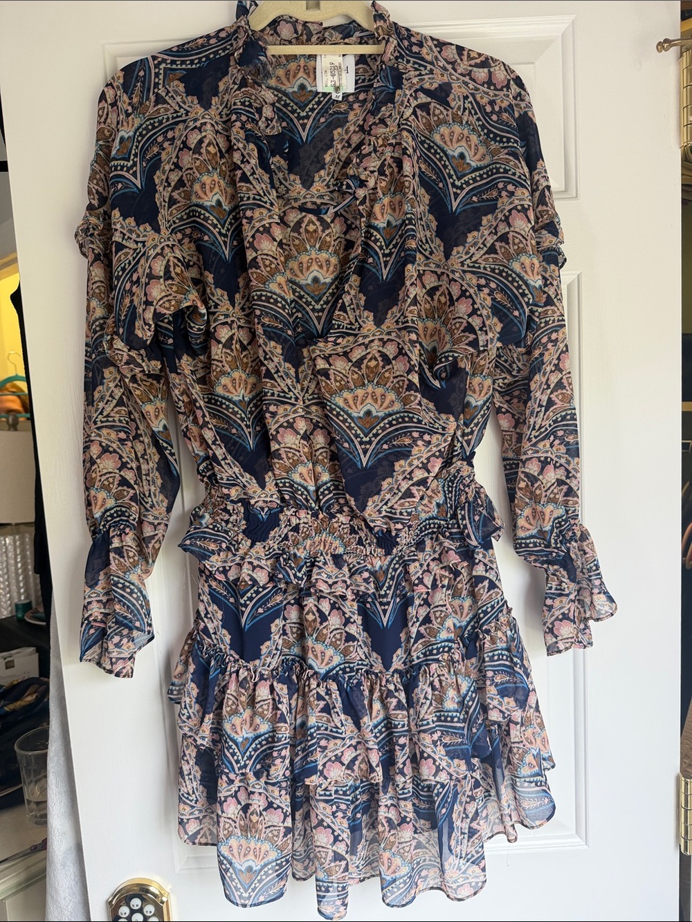 Misa Los Angeles Navy Paisley Ruffle Tiered Long-Sleeve Dress